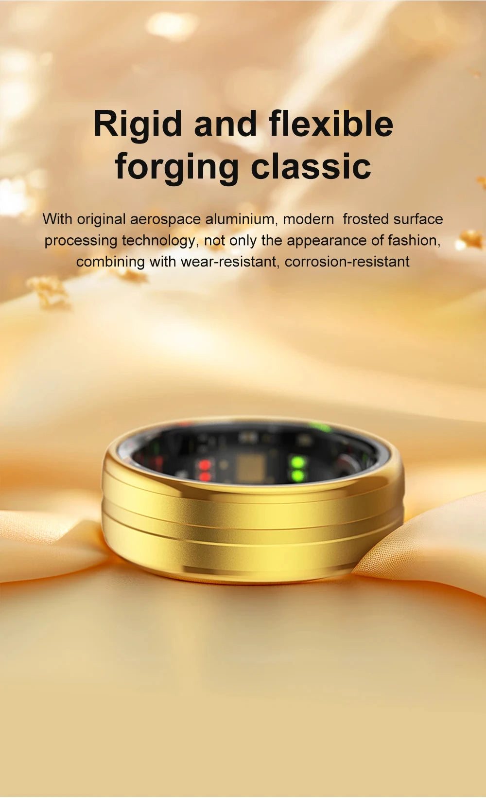 Premium gold smart ring on satin background highlighting craftsmanship and health tracking features.