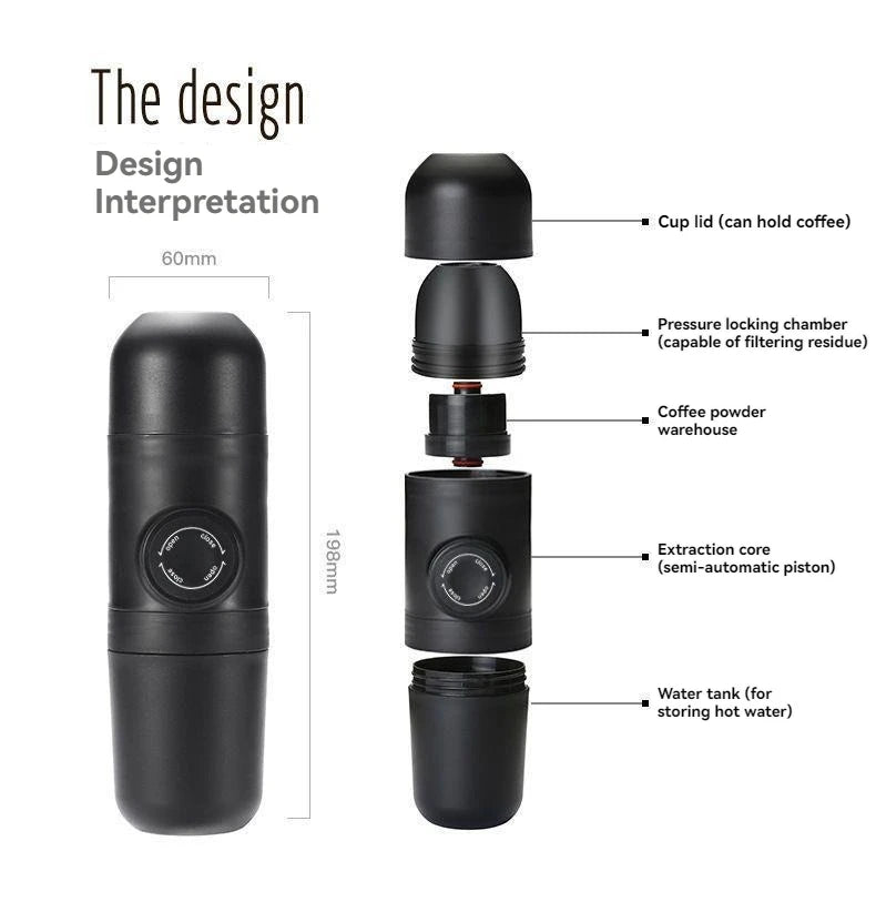 Exploded view of a black hand press coffee maker showing cup lid, pressure locking chamber, coffee powder compartment, semi-automatic piston core, and water tank with dimensions labeled