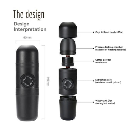Exploded view of a black hand press coffee maker showing cup lid, pressure locking chamber, coffee powder compartment, semi-automatic piston core, and water tank with dimensions labeled