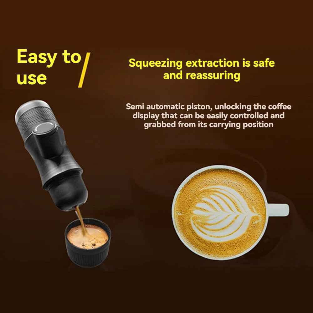 Hand-press portable espresso coffee maker dispensing coffee into a cup beside a latte with art, emphasizing easy and safe extraction with a semi-automatic piston

