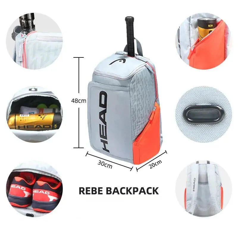 HEAD Rebe Tennis Backpack in grey and orange with 48x30x20 cm dimensions, separate shoe and ball compartments, and multiple functional storage pockets BeTrendy