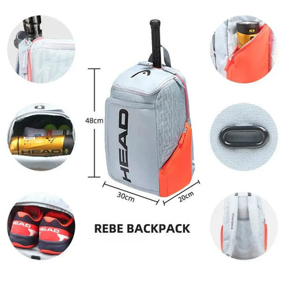 HEAD Rebe Tennis Backpack in grey and orange with 48x30x20 cm dimensions, separate shoe and ball compartments, and multiple functional storage pockets BeTrendy