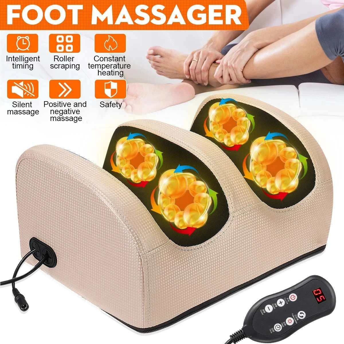 Foot massager showing heat, intensity, and control button features with pads glowing