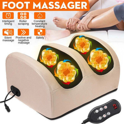 Foot massager showing heat, intensity, and control button features with pads glowing