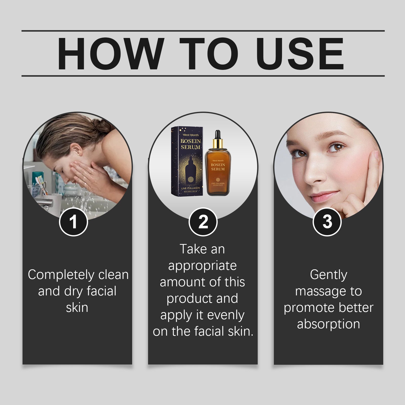 Step-by-step guide on how to use West Month Bosein Serum – cleanse, apply evenly, and massage for better absorption BeTrendy