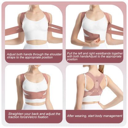 Step-by-step guide showing how to wear adjustable posture corrector using shoulder straps, waistbands, and Velcro for body alignment