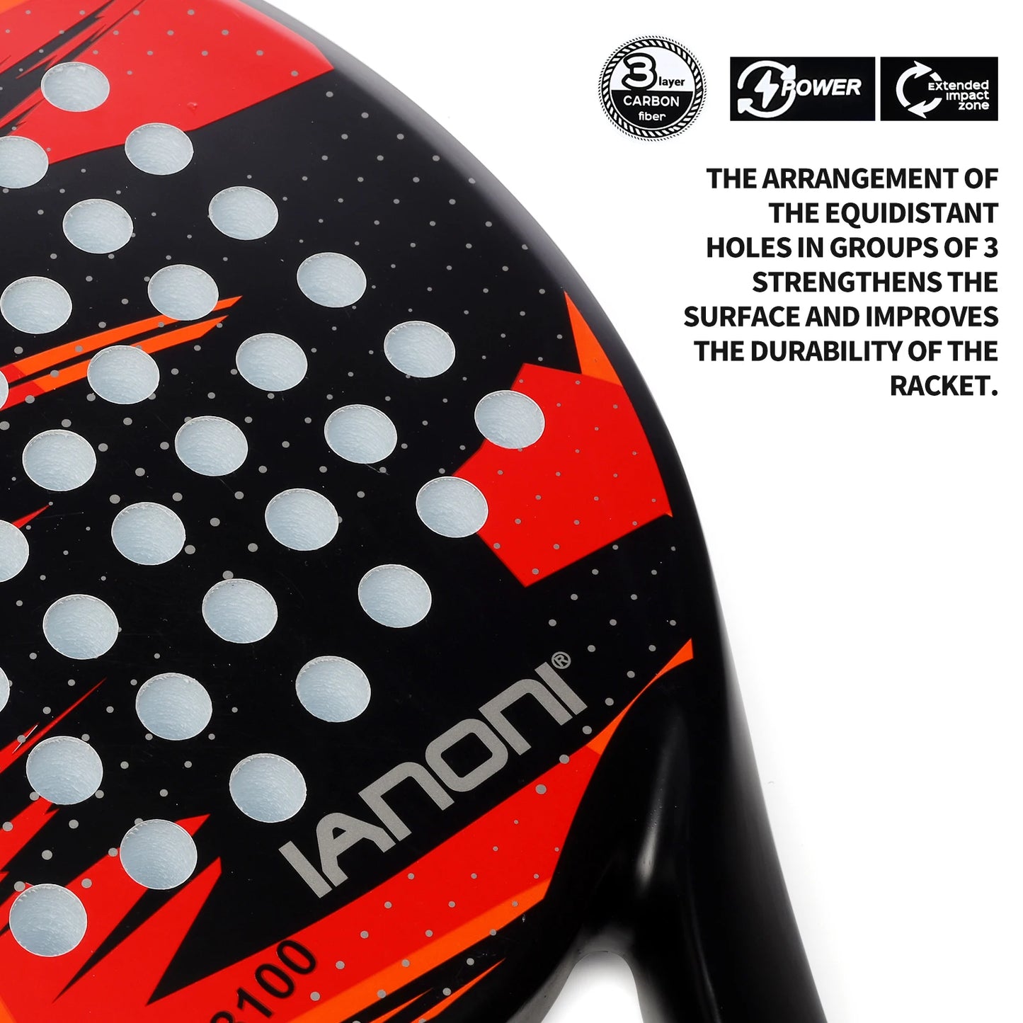 Close-up of IANONI padel racquet surface showing grouped hole pattern with carbon fiber construction, emphasizing durability and performance"
