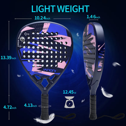 IANONI lightweight padel racquet with labeled dimensions in inches and 12.45 oz weight, highlighting ergonomic size and feather-like handling