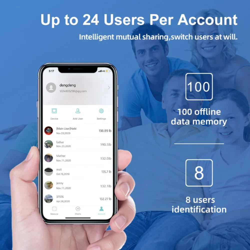 Icomon scale app allowing up to 24 user profiles with offline data memory and family tracking