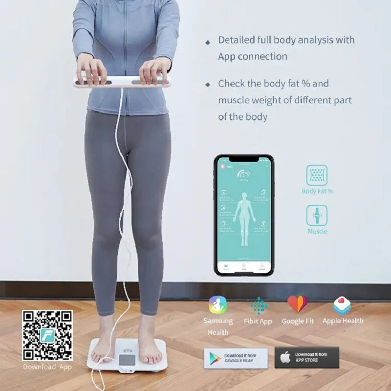 User standing on smart scale with app-connected data showing muscle, fat, and bone mass analysis