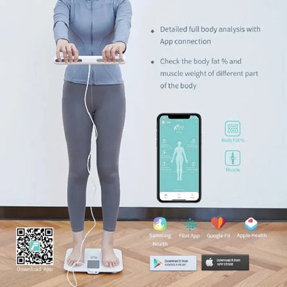 User standing on smart scale with app-connected data showing muscle, fat, and bone mass analysis