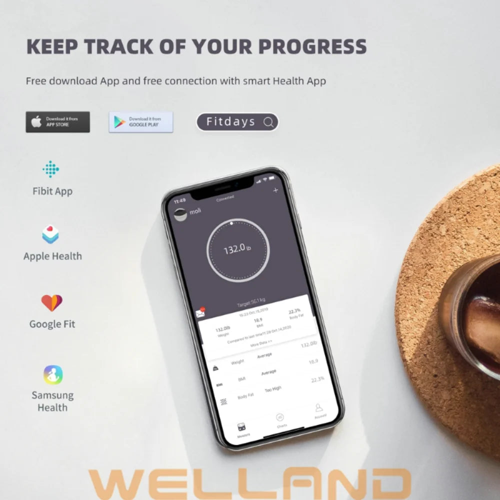 Mobile app interface for Icomon smart scale showing progress tracking and compatibility with Apple Health, Google Fit, and Samsung Health