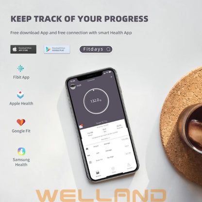 Mobile app interface for Icomon smart scale showing progress tracking and compatibility with Apple Health, Google Fit, and Samsung Health