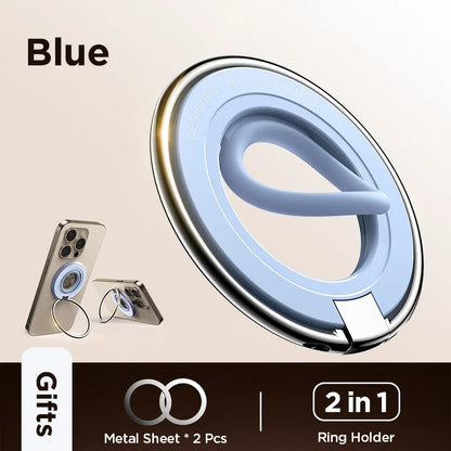 Blue Joyroom magnetic phone ring holder with soft silicone loop and metal base, shown with iPhones and two included metal sheets for mounting