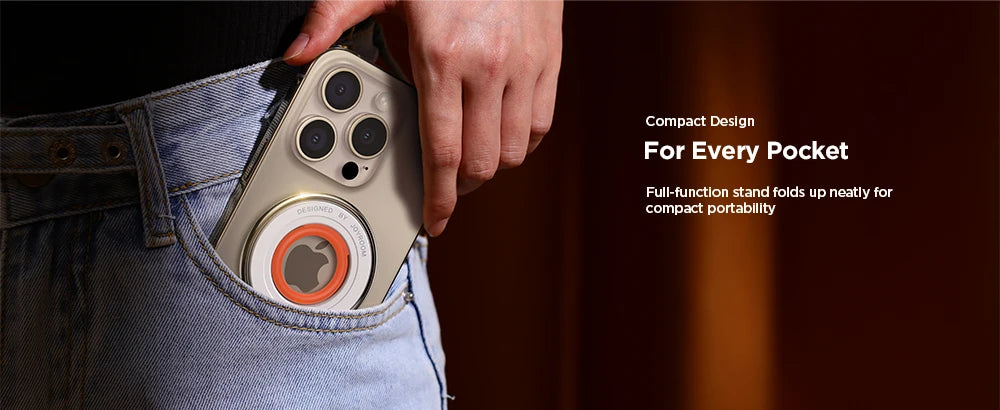 iPhone with Joyroom magnetic phone ring holder being easily placed into a jeans pocket, showing off the compact and foldable stand design