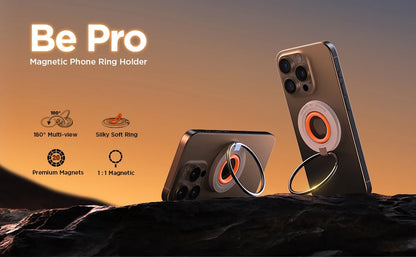 Two iPhones with Joyroom magnetic phone ring holders standing upright and tilted, highlighting features like 180° multi-view, soft ring, and premium magnets
