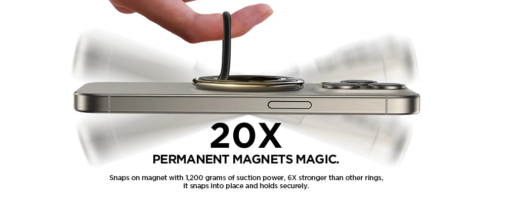 Finger lifting iPhone with Joyroom magnetic ring holder using strong 20x permanent magnets and 1,200g of suction power for a secure hold