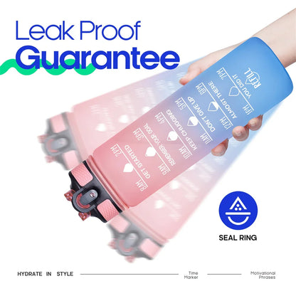Leak-proof pink and blue motivational water bottle with seal ring and time marker