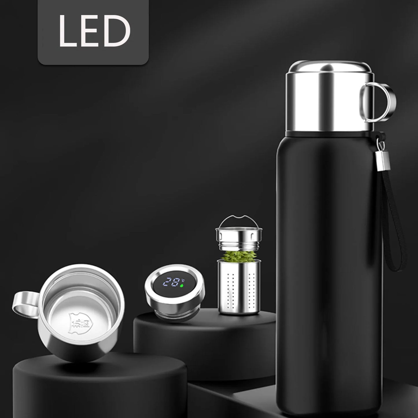 Smart LED thermos bottle set with tea infuser, digital temperature lid, and stainless steel cup on black display. BeTrendy