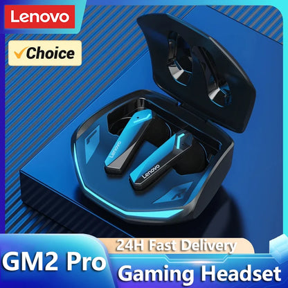 Lenovo GM2 Pro gaming earbuds in blue charging case, shown with fast delivery and gaming headset label.