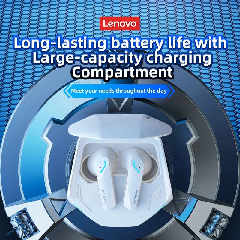Lenovo GM2 Pro earbuds promoted for long battery life with large-capacity charging case in futuristic display