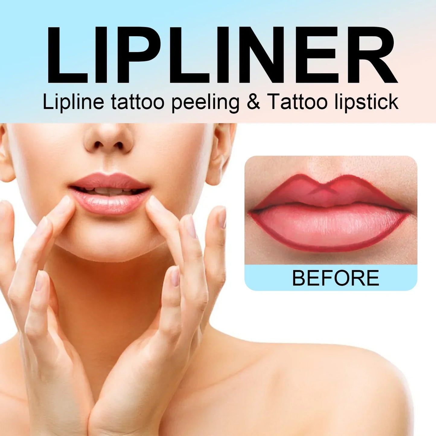 Promotional image of lipliner tattoo peel product with before-application comparison on lips and model touching face BeTrendy