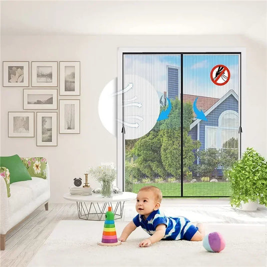 Magnetic mesh door curtain with hands-free closure, insect-resistant mesh, and easy installation for home doors – keeps bugs out and lets fresh air in