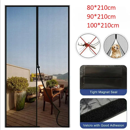 Magnetic mesh door curtain with patio view, available in 80x210cm, 90x210cm, and 100x210cm sizes; features tight magnet seal and strong Velcro adhesion