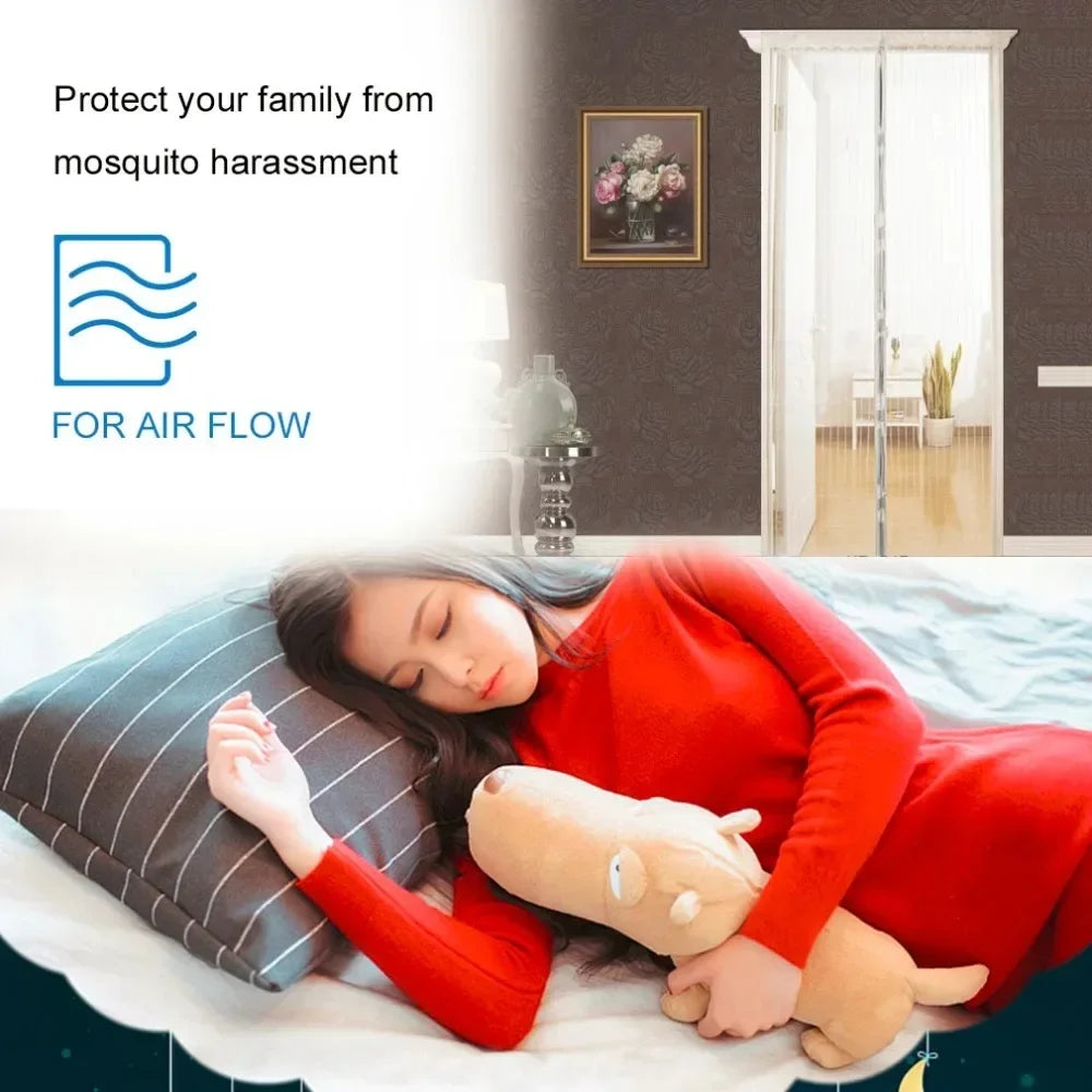 Woman resting peacefully in bed as magnetic mesh door allows airflow while keeping mosquitoes out
