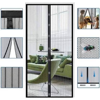 Magnetic mesh screen door with feature diagram showing insect blocking, pet access, fine mesh, hands-free entry, and auto-close functionality