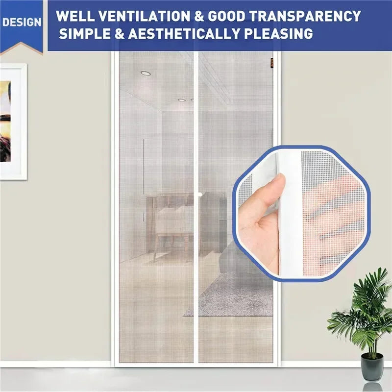 Close-up of hand showing transparent magnetic mesh screen door with good ventilation and elegant design in a modern room
