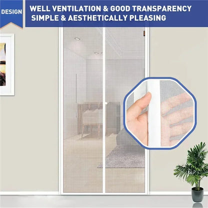 Close-up of hand showing transparent magnetic mesh screen door with good ventilation and elegant design in a modern room