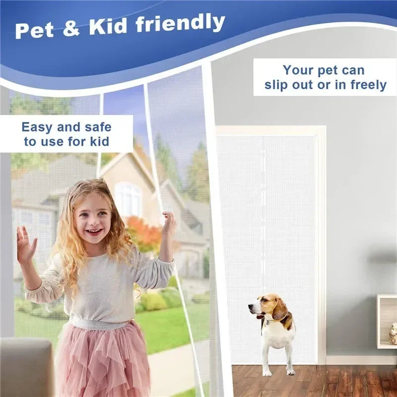Child and dog using a pet and kid-friendly magnetic mesh screen door for easy and safe hands-free access