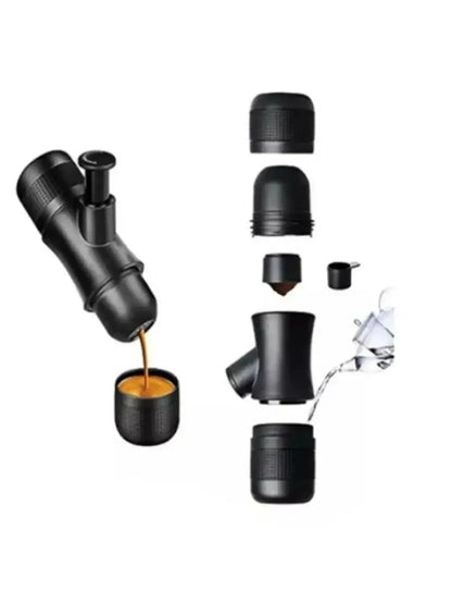Manual portable espresso coffee maker shown disassembled with all parts including coffee cup, water tank, piston, filter, and demonstration of water and coffee filling process