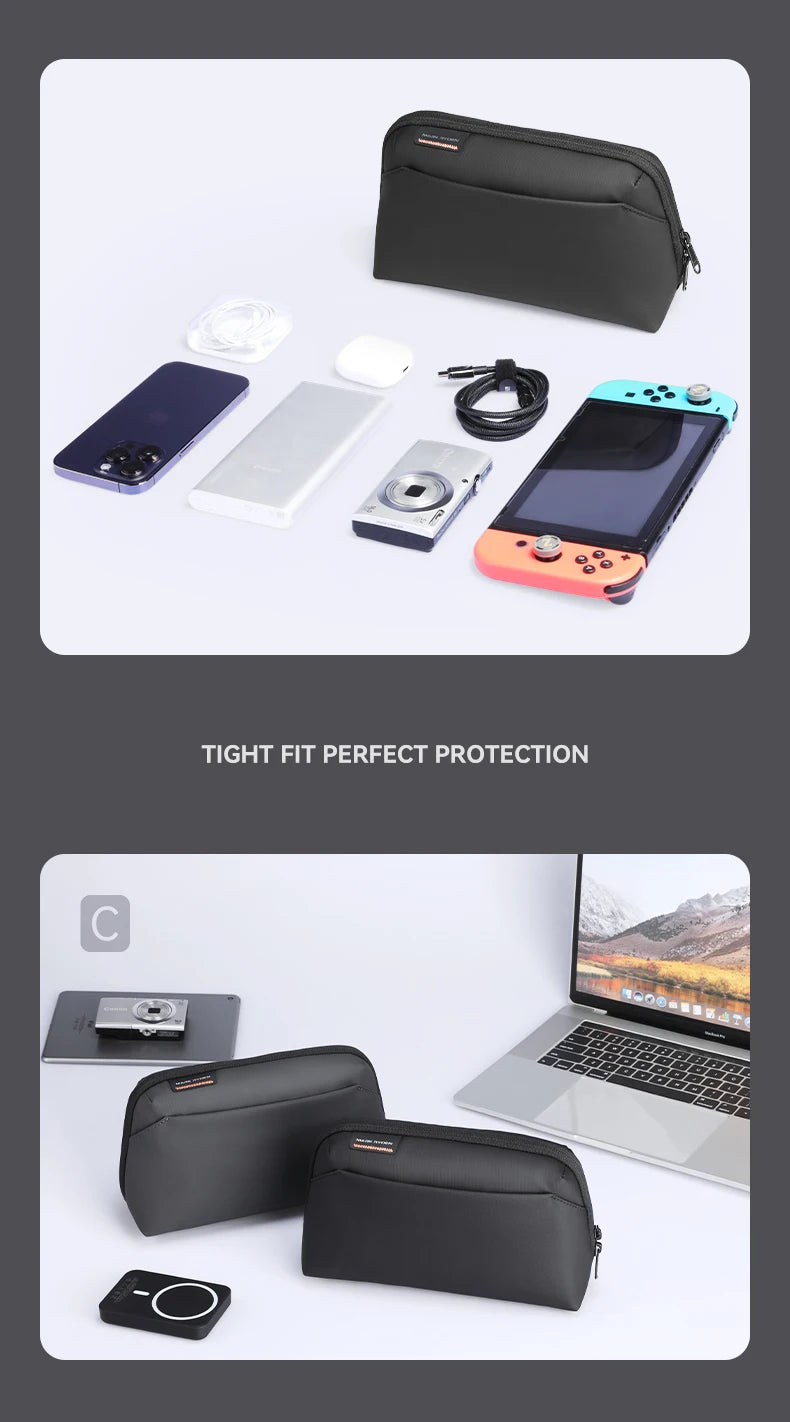 Mark Ryden tech pouch shown with phone, Switch, power bank, camera, and cables – tight fit design for secure digital accessory protection