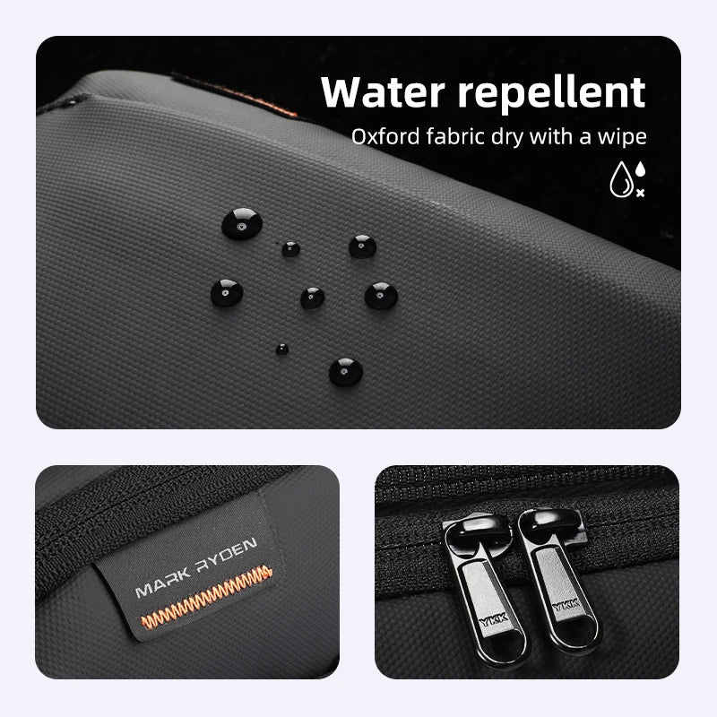 Close-up of Mark Ryden tech organizer showing water-repellent Oxford fabric, durable stitching, and high-quality zippers