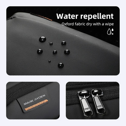 Close-up of Mark Ryden tech organizer showing water-repellent Oxford fabric, durable stitching, and high-quality zippers
