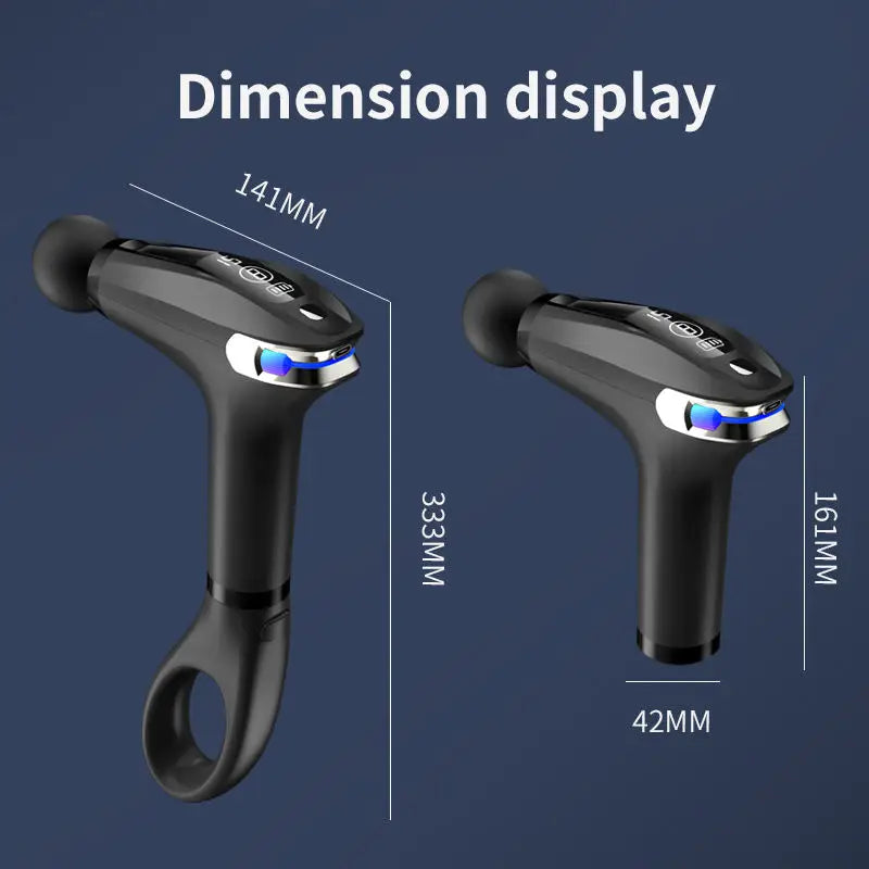 Massage gun dimension display comparing width, height, and length in millimeters, showcasing ergonomic grip.