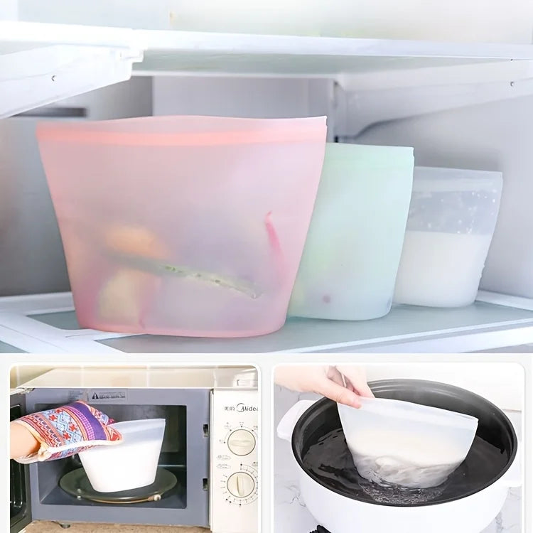 Reusable silicone food bags shown in the microwave, freezer, and boiling water—demonstrating durability for heating, freezing, and meal prep