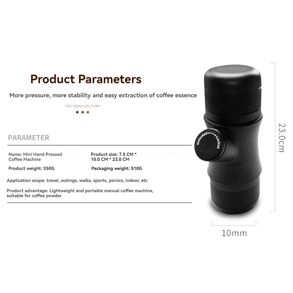 Mini hand-pressed portable coffee maker shown with dimensions and product specifications including weight, size, and usage for travel, sports, and indoor brewing
