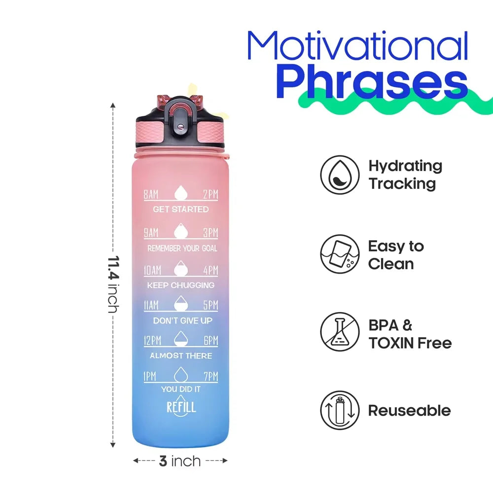 Pink and blue 32oz motivational water bottle with time marker and BPA-free features