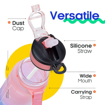 Close-up of motivational water bottle lid showing dust cap, silicone straw, wide mouth, and carrying strap