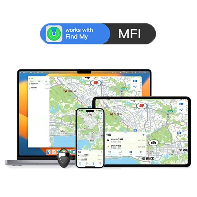 GPS tracker compatible with Apple Find My shown on MacBook, iPad, and iPhone with synchronized location tracking.