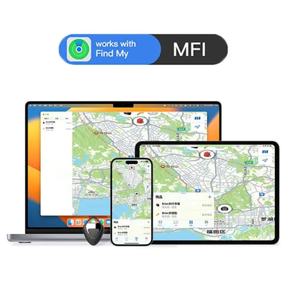GPS tracker compatible with Apple Find My shown on MacBook, iPad, and iPhone with synchronized location tracking.
