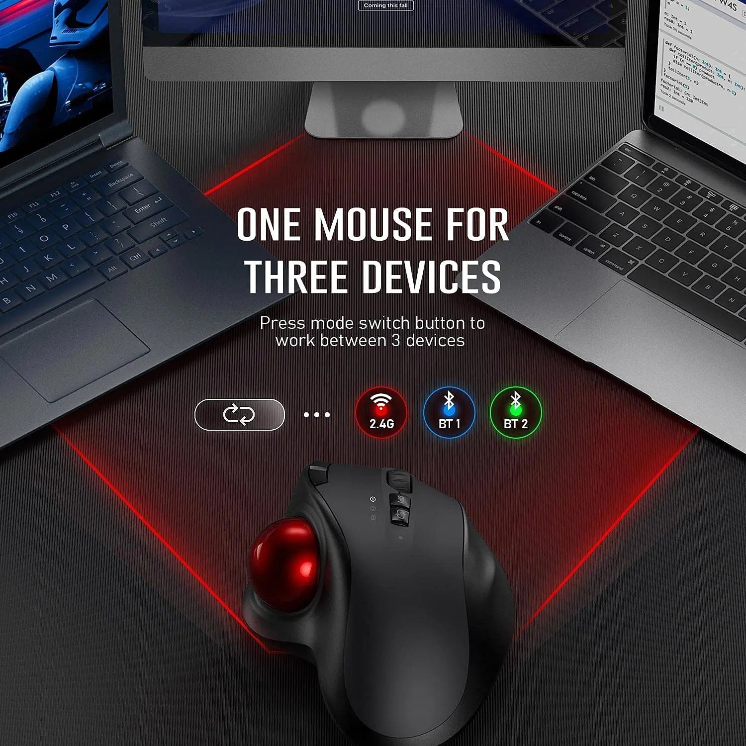 Wireless trackball mouse connected to three devices, supporting Bluetooth and 2.4G wireless switching between laptop, tablet, and desktop.
