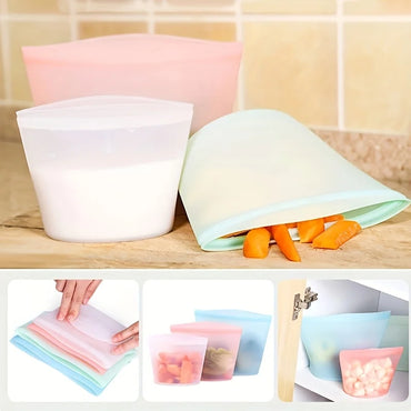 Colorful reusable silicone food storage bags shown holding milk, carrots, and snacks—demonstrated in use, stacked, and stored in a cabinet