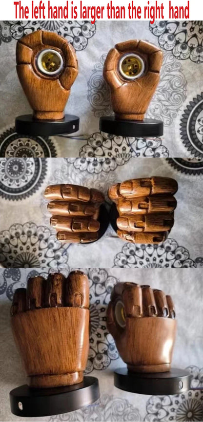 Side-by-side comparison of Nordic resin hand wall lamps showing that the left hand is larger than the right hand from multiple angles