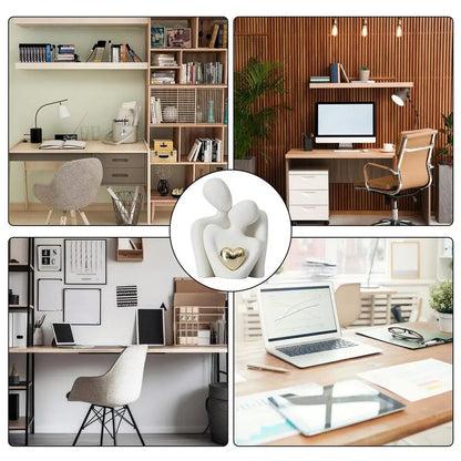 Nordic-style ceramic couple statue with gold heart shown in various modern office and desk setups, ideal romantic gift or home decor