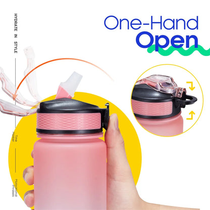 One-hand open feature of pink motivational water bottle with flip-top cap and silicone straw