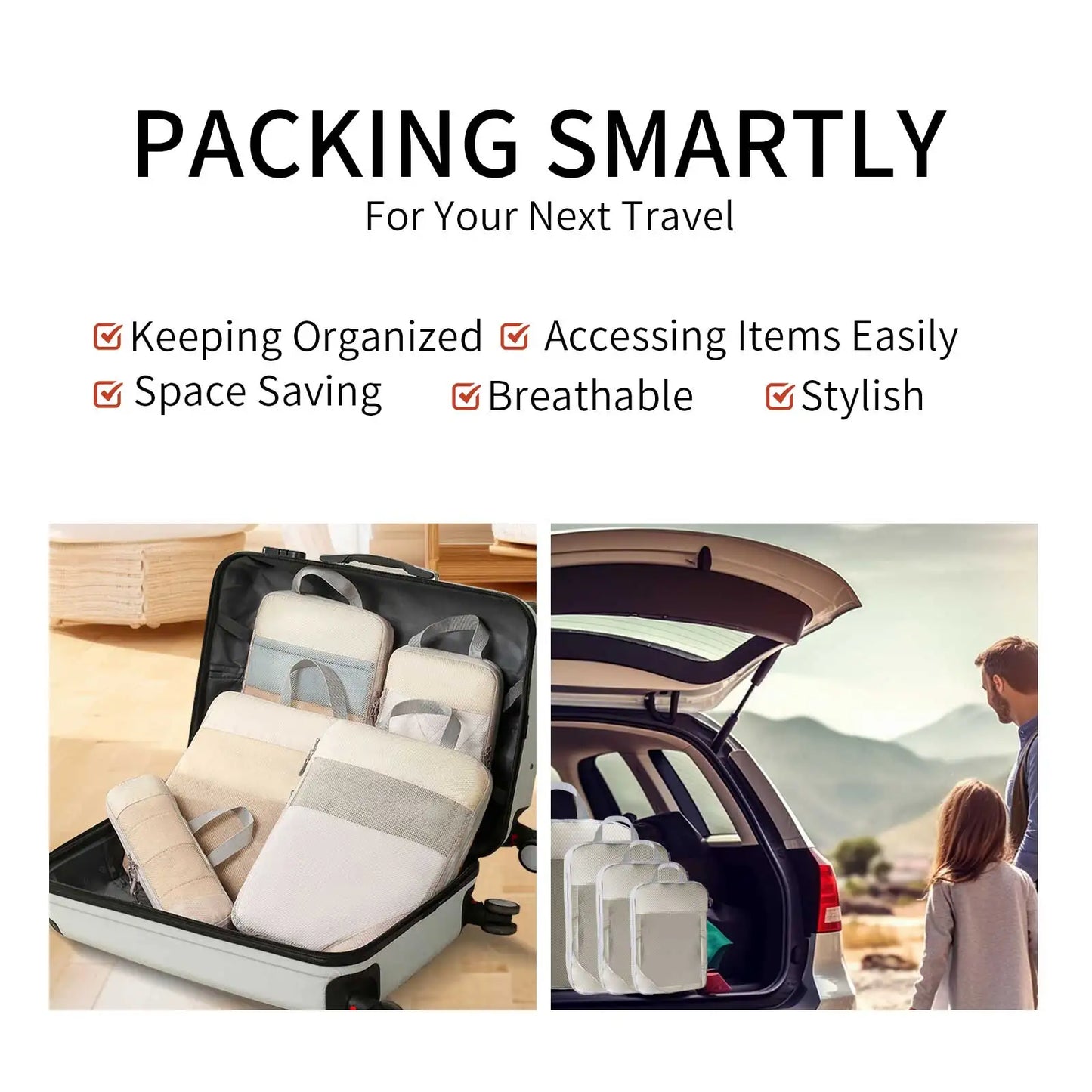 Promotional image showing compression packing cubes inside a suitcase and a family loading organized cubes into a car trunk, highlighting features like space saving, breathability, and style